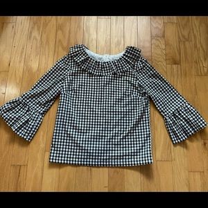 Elizabeth Wilson Black and white gingham ruffle 3/4 length blouse
